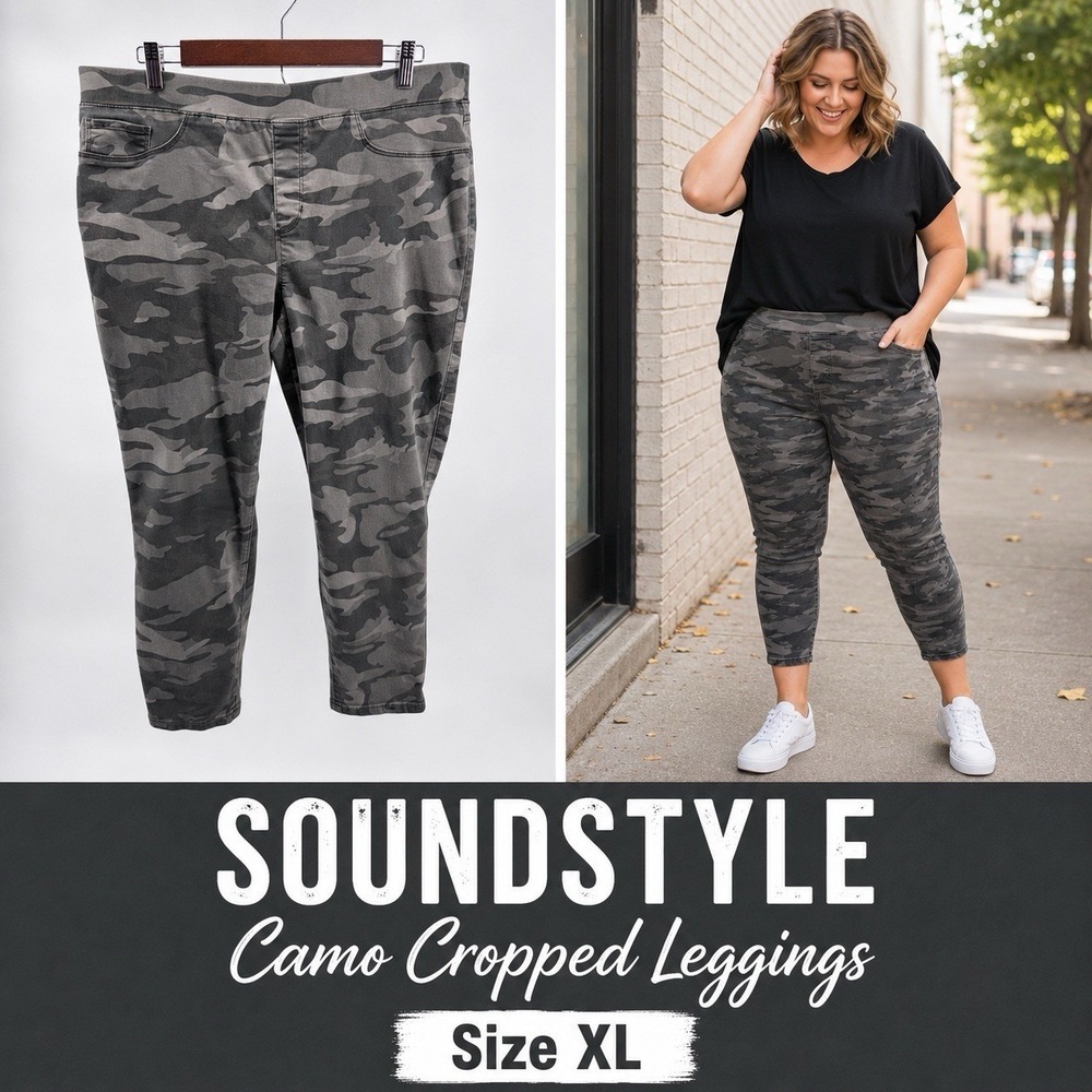 SOUNDSTYLE Gray Camo Pull-On Cropped Leggings Women's XL Stretch Casual
